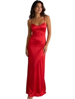 WAYF Satin Sweatheart Empire Waist Slip Maxt Dress In Vibrant Red. Size SM NWT